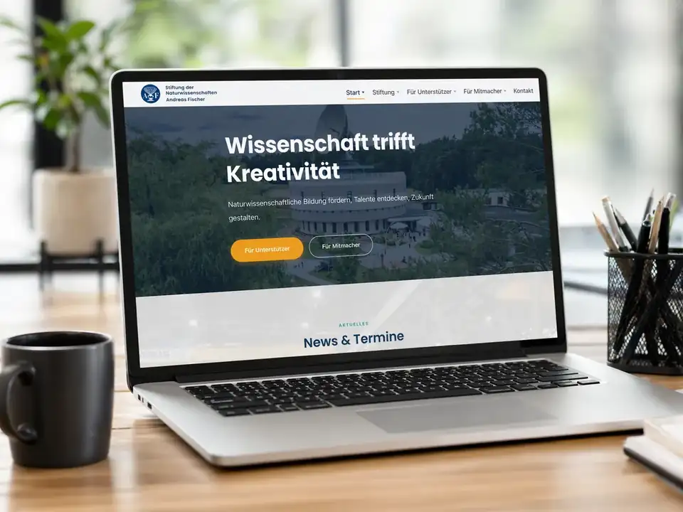 Laptop mit geöffneter Webseite der Stiftung der Naturwissenschaften Andreas Fischer