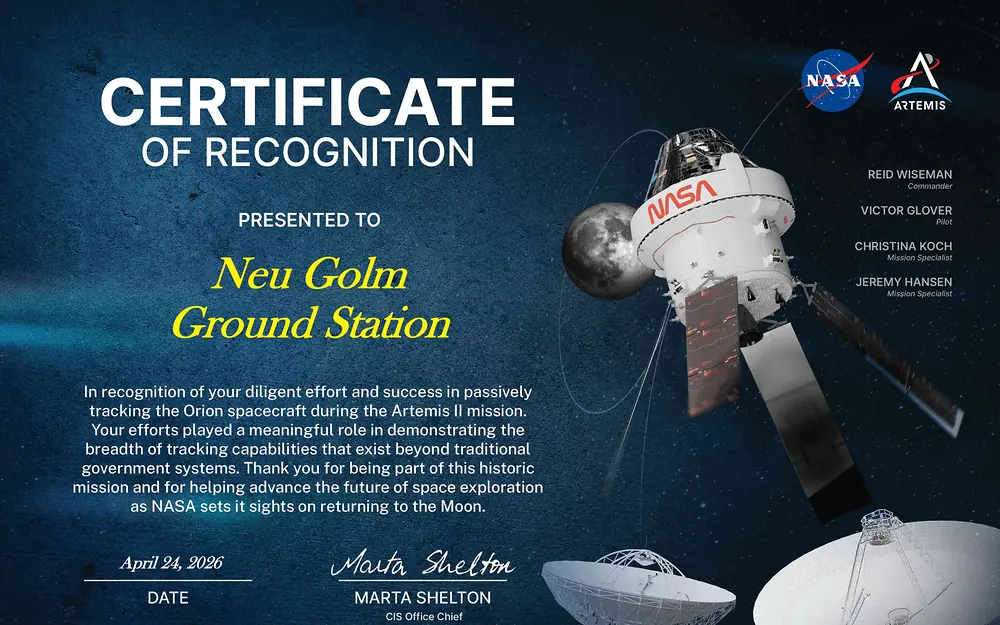 Certificate of Recognition von NASA Space Communications and Navigation für die Neu Golm Ground Station